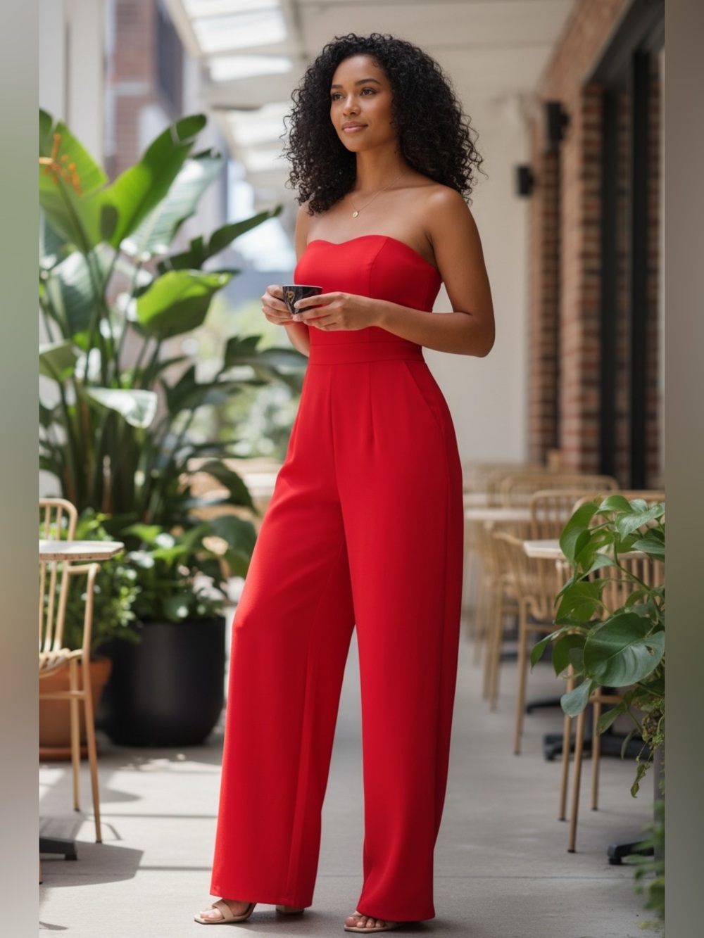 Express Strapless Red Wide-Leg Jumpsuit